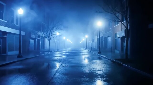 Mysterious City Street at Night with Fog and Reflections