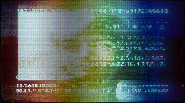 4K Glitch data interface screen animation, layered numeric values and code fragments across digital grid, RGB signal distortion and noise interference, abstract system visualization, cyber computer