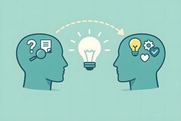 collaborative business innovation and creative problem solving concept with two silhouettes exchanging ideas through lightbulb technology for digital transformation and startup growth