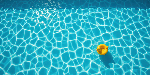 Obraz premium Aerial view of blue swimming pool water texture with floating yellow rubber duck creating minimal summer vacation background, clean pattern surface, travel leisure concept 