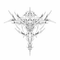 Neo tribal cyber sigil with dragon head, burning flame ornaments, symmetrical cross sword shape, hand drawn vector for tattoo, dark streetwear and metal art