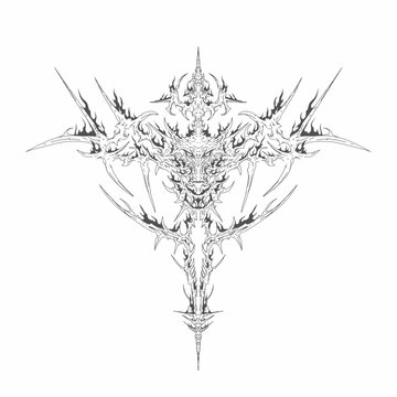 Neo tribal cyber sigil with dragon head, burning flame ornaments, symmetrical cross sword shape, hand drawn vector for tattoo, dark streetwear and metal art