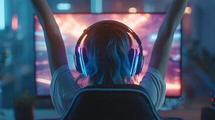 Rear view of female gamer celebrating victory with raised arms in colorful gaming room