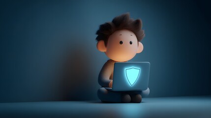 Soft 3D illustration of cute child character using laptop with glowing shield symbolizing digital safety and online protection