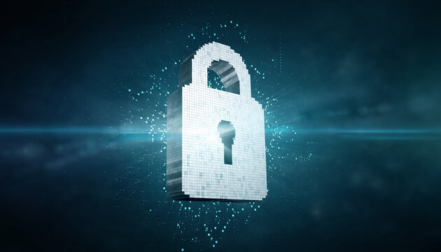 A 3D glowing digital padlock symbol made of light and blue pixels floating in space - Powered by Adobe