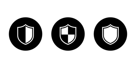 Security shield icon set in black circle. Secure system, cybersecurity, protection, and defense symbol