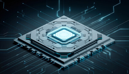 A futuristic computer chip with a glowing neon blue central core on a circuit board background