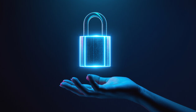 A glowing tech digital padlock floating over a hand made of solid glass and light - Powered by Adobe
