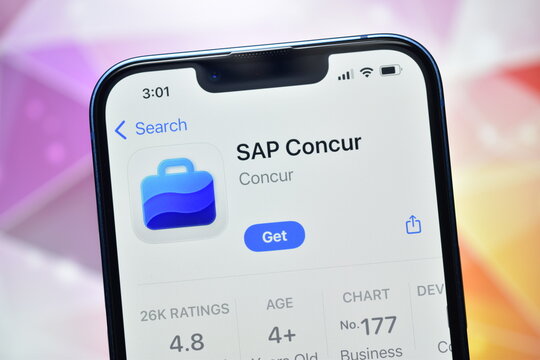 Closeup of sap concur application displayed on a modern smartphone screen in an app store