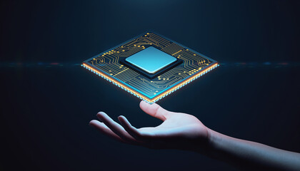 A hand holding a glowing high-tech computer processor chip with neon blue and gold circuitry