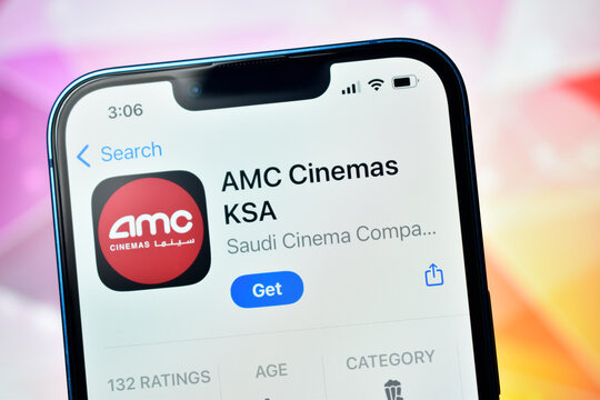 Closeup of amc cinemas ksa app on smartphone screen in app store