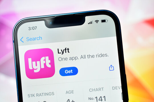 Closeup of lyft ridesharing application download page on a smartphone screen