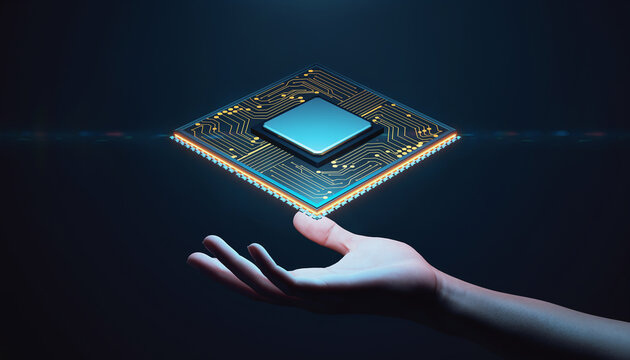 A hand holding a glowing high-tech computer processor chip with neon blue and gold circuitry - Powered by Adobe