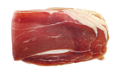 Closeup of delicious italian prosciutto crudo isolated on white, european ham, top view
