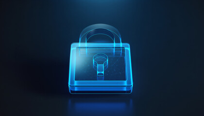 A translucent blue glass 3D padlock with sharp edges and a glowing effect