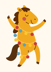 Cute horse wrapped in colorful Christmas lights