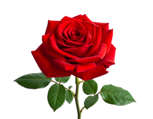 A single, vibrant red rose with lush green leaves