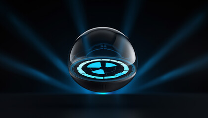 A sleek 3D rendering of a single contact lens with a glowing blue digital H U D display