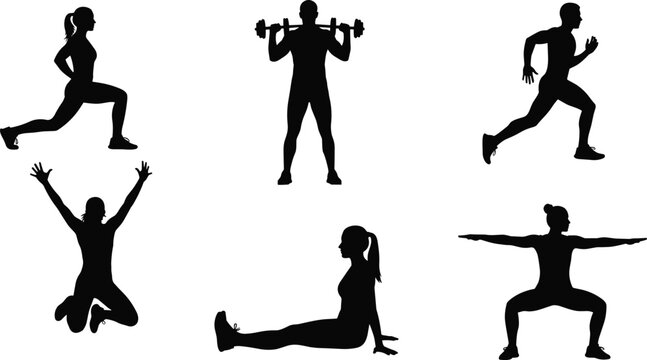 Set of black male and female fitness silhouettes featuring various workout poses including running lunging weightlifting yoga and jumping isolated on white background flat vector illustration