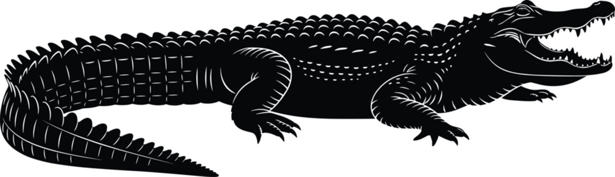 Black silhouette of an alligator or crocodile with open jaws and detailed scales isolated on white background flat vector illustration for wildlife and reptile concepts