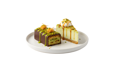 Viral Dubai chocolate bar cake filled with pistachio cream and kunefe, Creamy pistachio cheesecake set against a white background