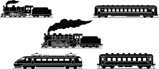 Train silhouette vector set featuring steam locomotives, passenger cars, and modern electric trains for transport, travel, and railway design © anisur-creatives