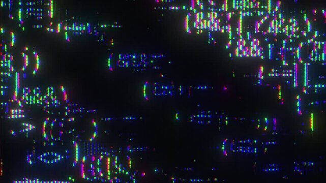 4K Digital glitch data field animation, fragmented pixel clusters and scattered signal blocks across dark screen, random interference noise and chromatic artifacts, abstract electronic interface 