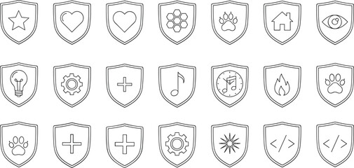 Set of thin line shield icons featuring various protection symbols including medical cross heart star gear paw print house and digital coding signs isolated on white background vector illustration © MstBabli