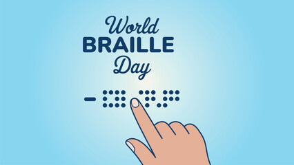 World Braille Day awareness illustration showing hand touching braille dots promoting accessibility inclusion and support for visually impaired people on blue background