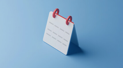 A minimalistic rendering of a white desk calendar with red rings, set against a tranquil blue backdrop, creating a serene and organized visual. Simple, yet impactful, design.