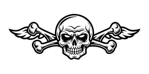 Fototapeta premium stylized skull, symbol of immortality, heavy metal, biker. Poster, man cave decorating, music album cover, print for clothes, flag, desktop.