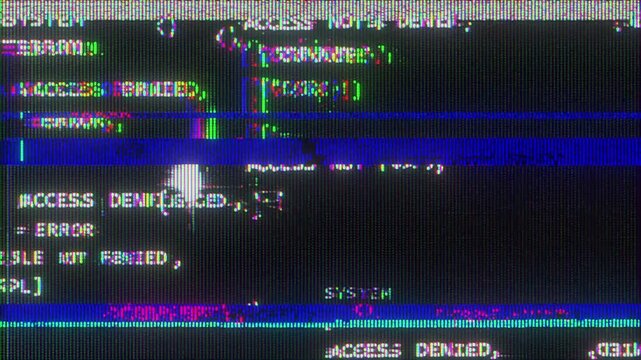 4K Broken system error screen animation, corrupted UI messages and access denied text, heavy CRT noise and scanlines, RGB signal distortion and interference, unreadable digital interface glitch screen