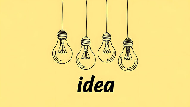 minimalist line art illustration of four hanging light bulbs on yellow background representing creative business ideas brainstorming sessions and professional startup strategy