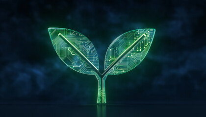 Glowing Green Circuitry Plant Sprout in 3D Render