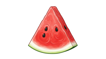 A stylized triangular slice of red watermelon with black seeds on a white background
