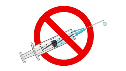 A syringe is crossed out by a large red prohibition circle