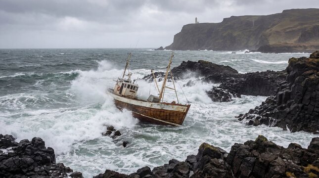 infamy. Stormy sea crashing a fishing boat against dark coastal rocks with dramatic waves. travel magazines, destination branding, designed for outdoor magazines and nature guides.