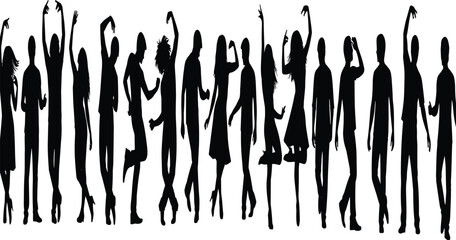 Dancing people silhouettes celebrating freedom, movement, party energy, social life, music rhythm, and joyful modern lifestyle concept illustration