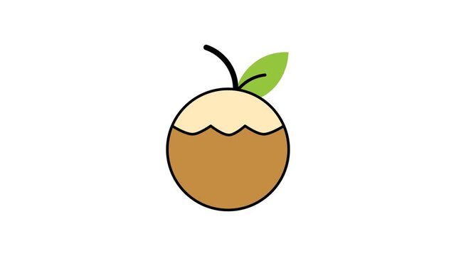 Coconut animation icon with cracked shell simple leaf