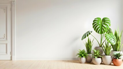 Cozy living room interior with a collection of vibrant green houseplants arranged on a light wooden floor