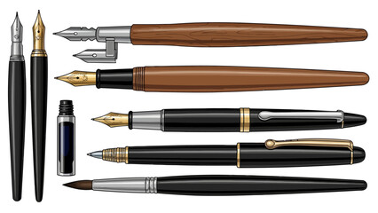 Assortment of vintagestyle writing instruments including fountain pens a dip pen and a paintbrush