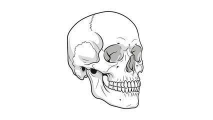 Black and white drawing of a human skull viewed from a threequarter angle