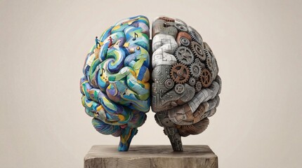 hemisphere. Artistic conceptual illustration of a human brain divided into creative and logical halves. wellbeing guides.