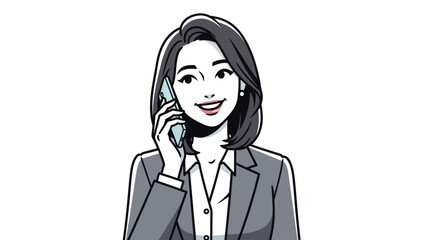 Black and white illustration of a smiling woman in a suit talking on a cell phone