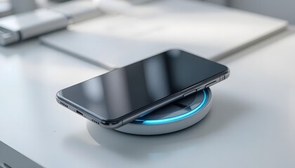 Contemporary smartphone powered wirelessly on a minimalist white desk, highlighting efficient and cable-free charging