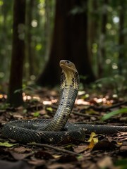 Fototapeta premium Cobra standing upright with expanded hood in a lush tropical forest. The reptile displays classic defensive behavior, highlighting themes of danger, biodiversity, and wild nature in an untouched jungl