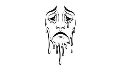 Black and white line art of a melting crying sad face
