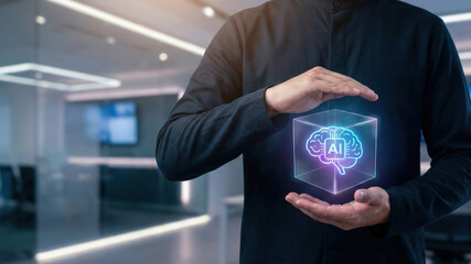 Artificial intelligence ai digital brain innovation future technology virtual reality data hologram glowing brain held between male hands