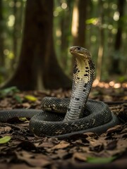 Fototapeta premium Cobra standing upright with expanded hood in a lush tropical forest. The reptile displays classic defensive behavior, highlighting themes of danger, biodiversity, and wild nature in an untouched jungl
