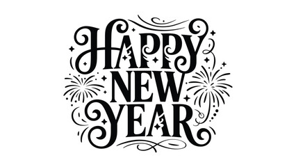 Happy New Year decorative typography illustration with vintage style lettering, ornamental flourishes and festive fireworks isolated on white background © Zavivec
